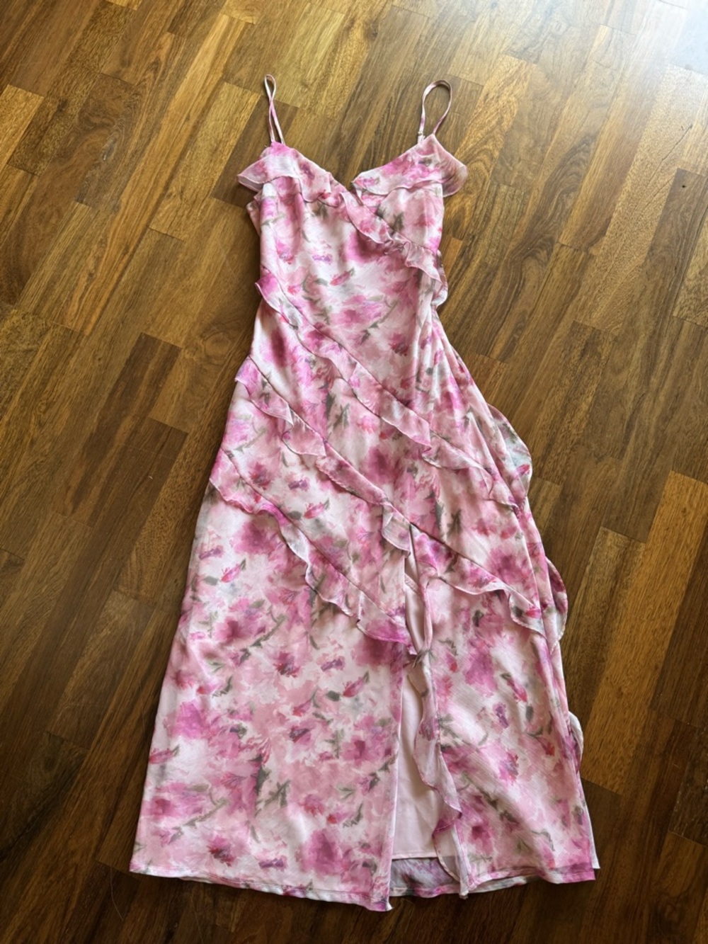 Floral Pink Ruffle Midi Slip Dress